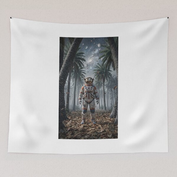 Item preview, Cosmic Astronaut in Autumn Palm Forest: Surreal Space Art designed and sold by Rain-Road.