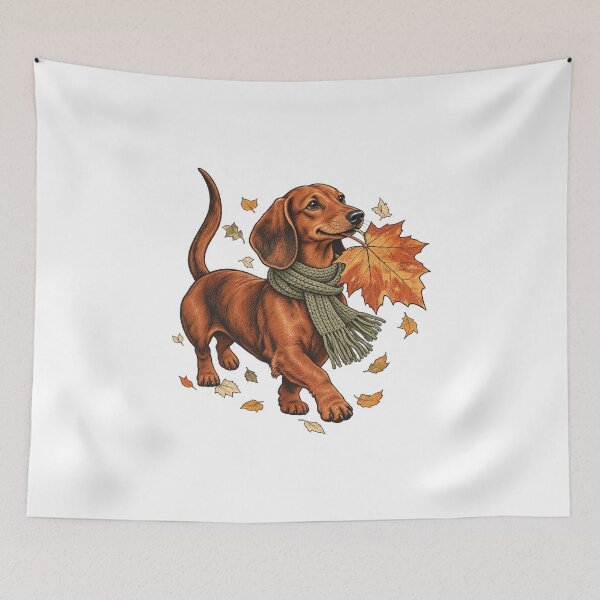 Item preview, Dachshund with Autumn Leaf - Cozy Fall Dog Art designed and sold by cybersilverhand.