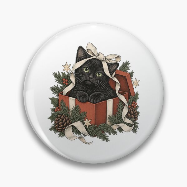 Item preview, Black Cat in a Gift Box - Vintage Christmas Cat Art designed and sold by cybersilverhand.