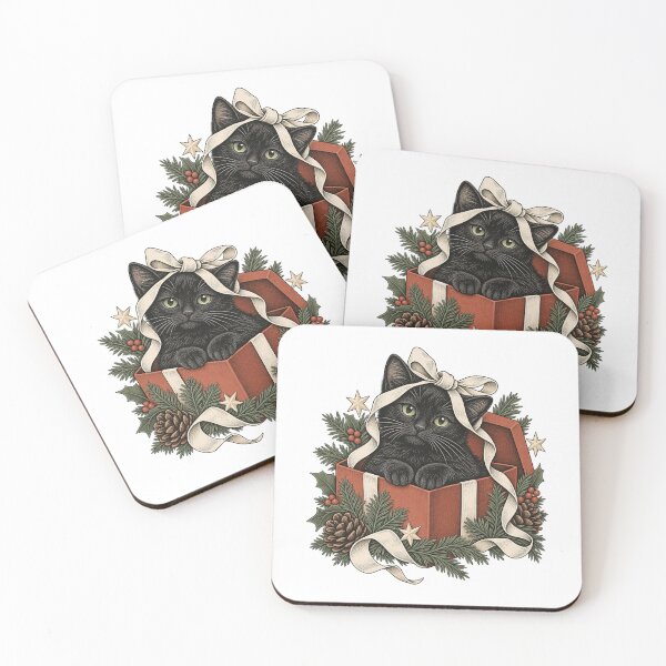 Item preview, Black Cat in a Gift Box - Vintage Christmas Cat Art designed and sold by cybersilverhand.