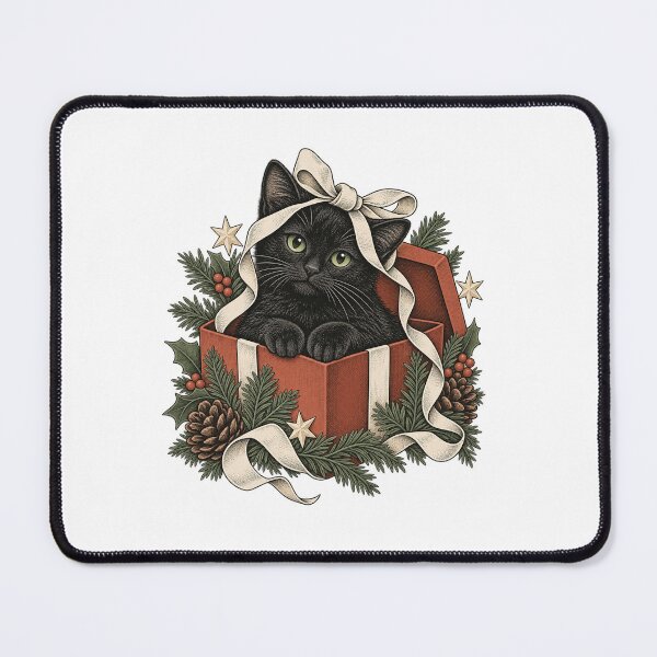 Item preview, Black Cat in a Gift Box - Vintage Christmas Cat Art designed and sold by cybersilverhand.