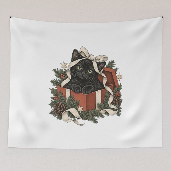 Item preview, Black Cat in a Gift Box - Vintage Christmas Cat Art designed and sold by cybersilverhand.
