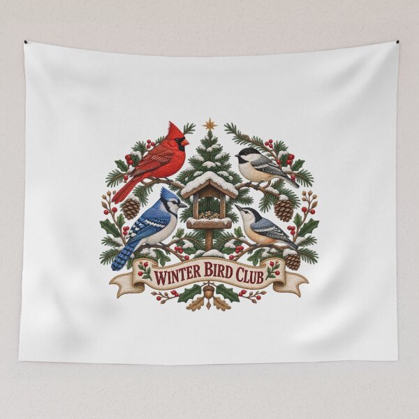 Item preview, Winter Bird Club - Vintage Embroidered Christmas Bird Feeder Wreath designed and sold by Neurospicy Trolls.