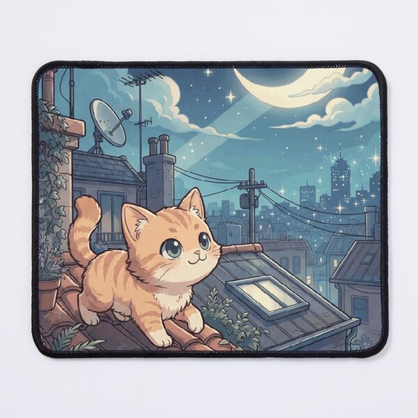 Item preview, Rooftop Cat Moonlight City Night Cozy Orange Tabby Art Print designed and sold by mood-draftsman.