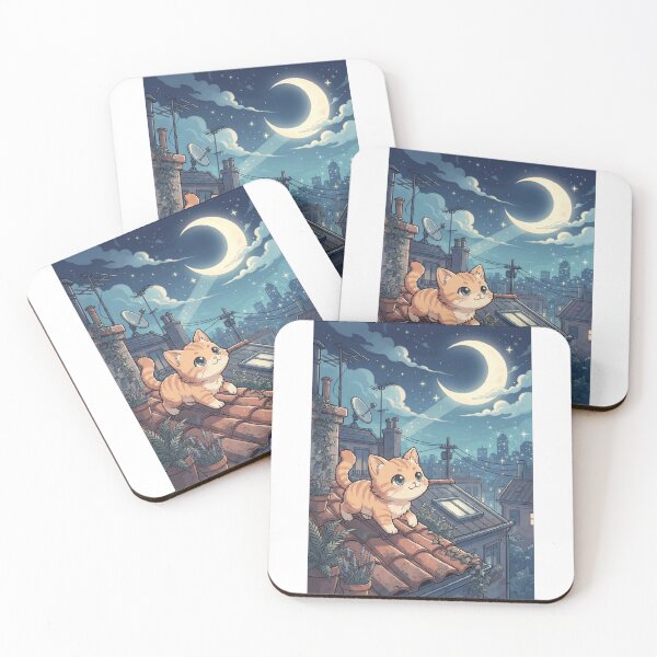 Item preview, Rooftop Cat Moonlight City Night Cozy Orange Tabby Art Print    designed and sold by mood-draftsman.