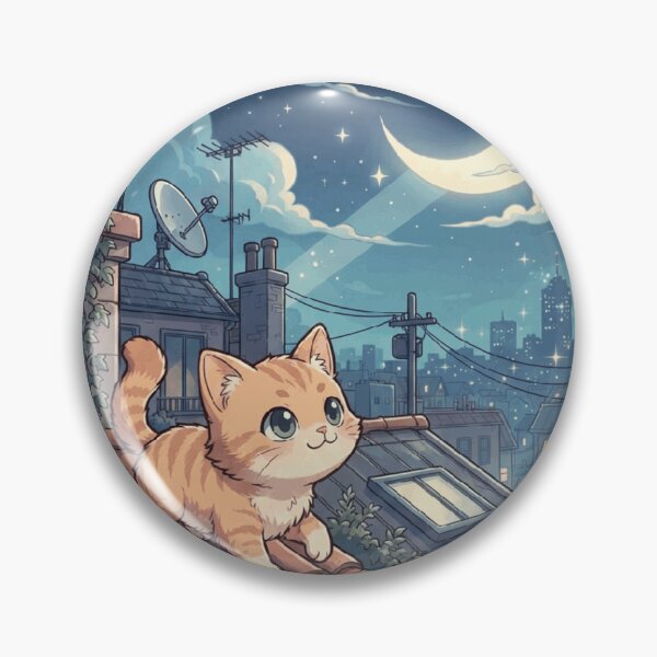 Item preview, Rooftop Cat Moonlight City Night Cozy Orange Tabby Art Print    designed and sold by mood-draftsman.