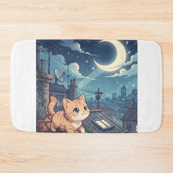 Item preview, Rooftop Cat Moonlight City Night Cozy Orange Tabby Art Print    designed and sold by mood-draftsman.
