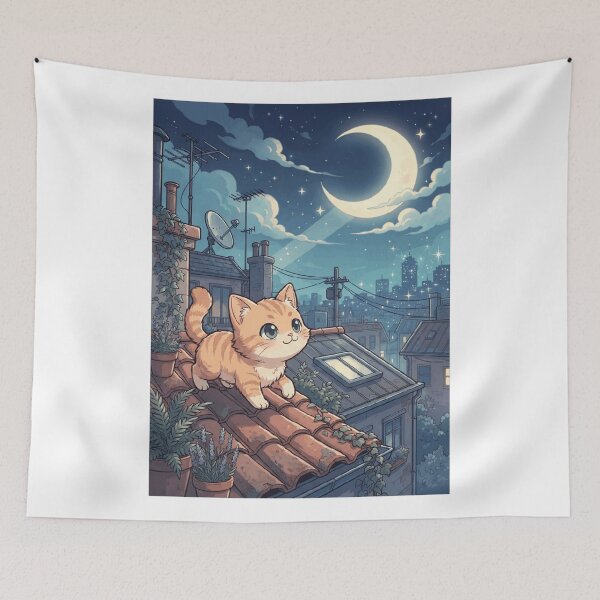 Item preview, Rooftop Cat Moonlight City Night Cozy Orange Tabby Art Print    designed and sold by mood-draftsman.