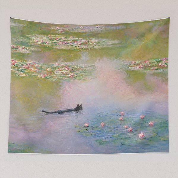 Item preview, Monet Water Lilies Black Cat Swimming Painting Parody designed and sold by artswag.