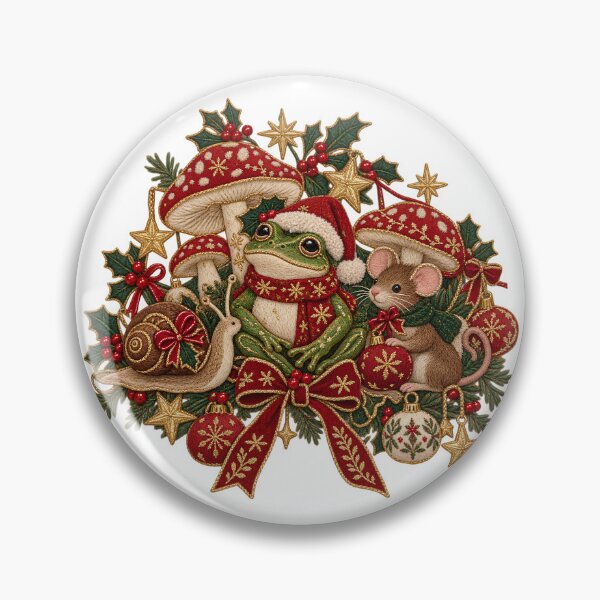Artikelvorschau, Niedliche Weihnachtsfrosch-, Maus- und Schneckenmotive – Vintage-Stickerei mit Pilzmotiven von Goblincore entworfen und verkauft von Neurospicy Trolls.