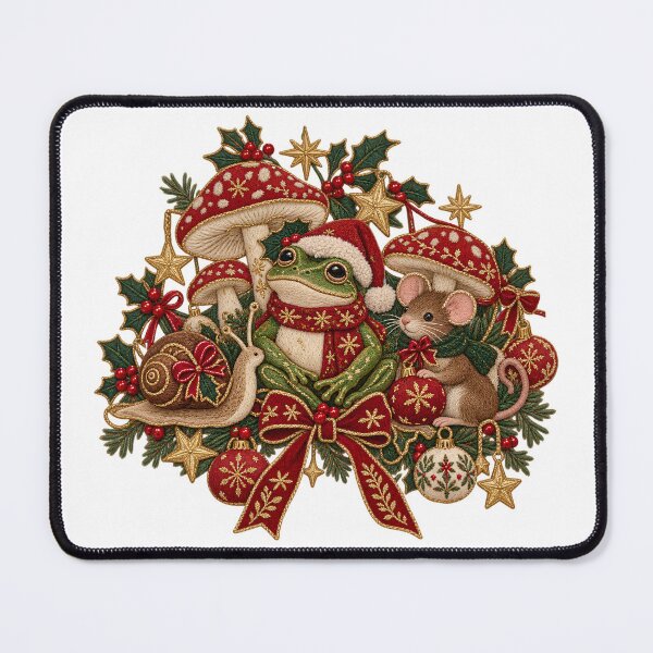 Item preview, Cute Christmas Frog Mouse and Snail - Vintage Embroidered Mushroom Christmas Goblincore designed and sold by Neurospicy Trolls.