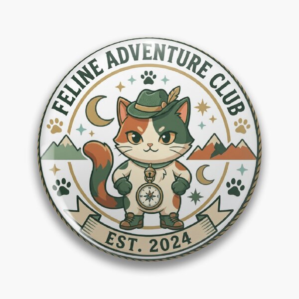 Item preview, Feline Adventure Club Hiking Cat Retro Outdoor Badge designed and sold by mood-draftsman.
