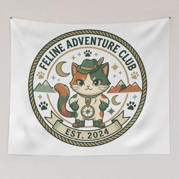 Item preview, Feline Adventure Club Hiking Cat Retro Outdoor Badge designed and sold by mood-draftsman.