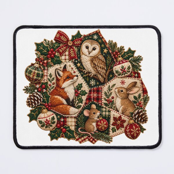 Item preview, Christmas Patchwork Woodland Animals - Owl Fox Bunny Mouse Embroidered Goblincore designed and sold by Neurospicy Trolls.