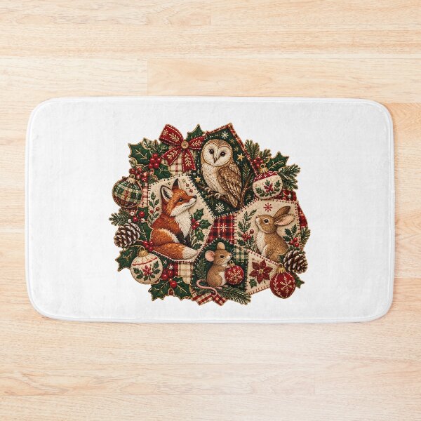 Item preview, Christmas Patchwork Woodland Animals - Owl Fox Bunny Mouse Embroidered Goblincore designed and sold by Neurospicy Trolls.