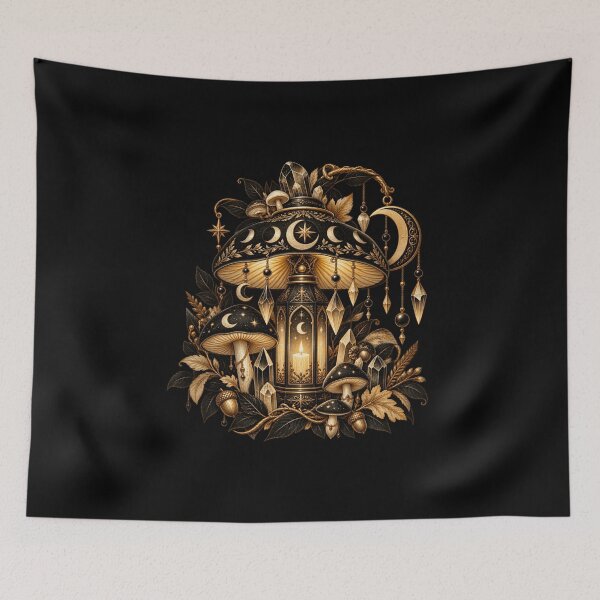 Item preview, Boho Celestial Sacred Gold Mushroom Lantern Art designed and sold by BohoMysticArt.
