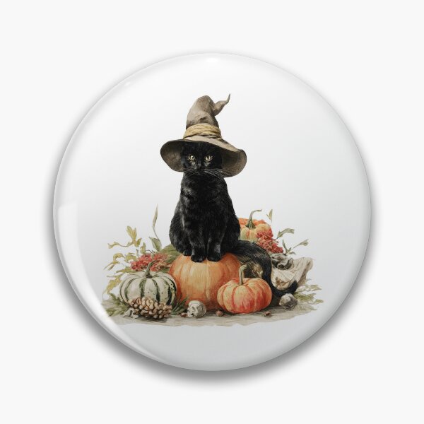 Item preview, Vintage Watercolor Black Cat with Witch Hat and Autumn Pumpkins designed and sold by interdesigner.