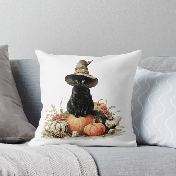 Item preview, Vintage Watercolor Black Cat with Witch Hat and Autumn Pumpkins designed and sold by interdesigner.