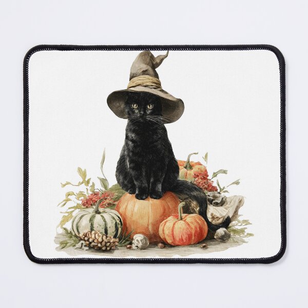 Item preview, Vintage Watercolor Black Cat with Witch Hat and Autumn Pumpkins designed and sold by interdesigner.