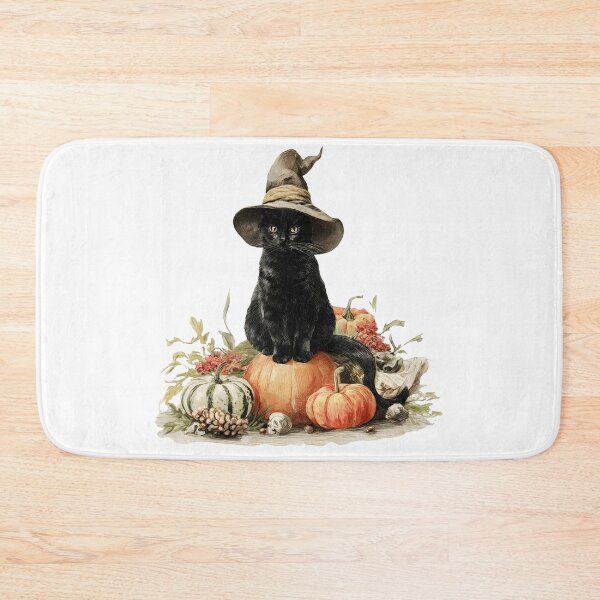 Item preview, Vintage Watercolor Black Cat with Witch Hat and Autumn Pumpkins designed and sold by interdesigner.