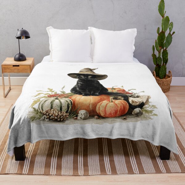 Item preview, Vintage Watercolor Black Cat with Witch Hat and Autumn Pumpkins designed and sold by interdesigner.