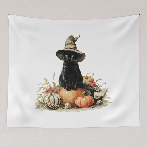 Item preview, Vintage Watercolor Black Cat with Witch Hat and Autumn Pumpkins designed and sold by interdesigner.