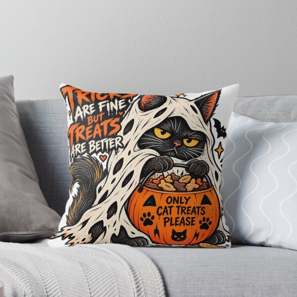 Item preview, Tricks Are Fine But Treats Are Better - Spooky Black Cat Halloween T-Shirt Design designed and sold by KIDEnia.