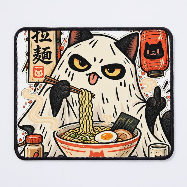 Item preview, Grumpy Ghost Cat Eating Ramen Funny Kawaii Japanese Noodle T-Shirt Design designed and sold by KIDEnia.