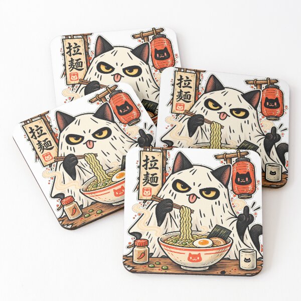 Item preview, Grumpy Ghost Cat Eating Ramen Funny Kawaii Japanese Noodle T-Shirt Design designed and sold by KIDEnia.