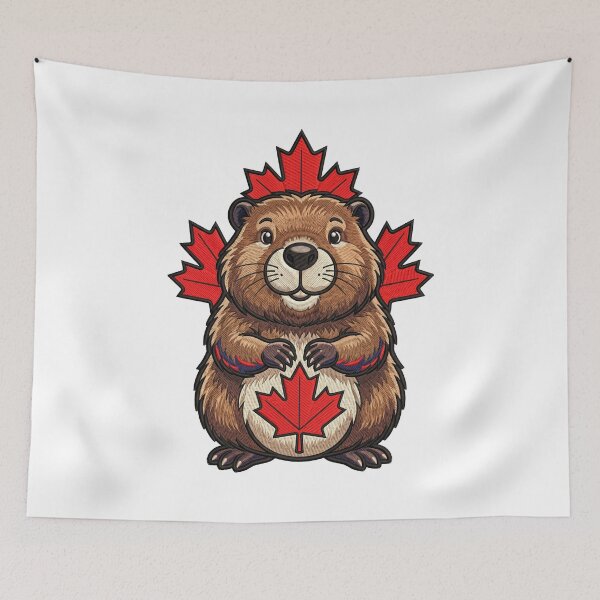 Item preview, Happy Canadian Beaver with Maple Leaves Nature Art designed and sold by ArtDesignTp.