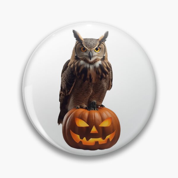 Item preview, Great Horned Owl Sitting on Glowing Carved Halloween Pumpkin designed and sold by OlesiaCraft.