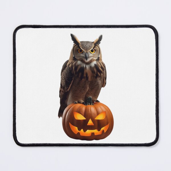 Item preview, Great Horned Owl Sitting on Glowing Carved Halloween Pumpkin designed and sold by OlesiaCraft.