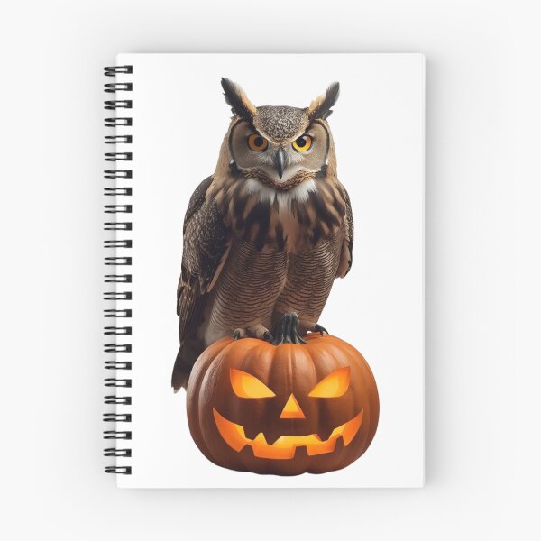 Item preview, Great Horned Owl Sitting on Glowing Carved Halloween Pumpkin designed and sold by OlesiaCraft.