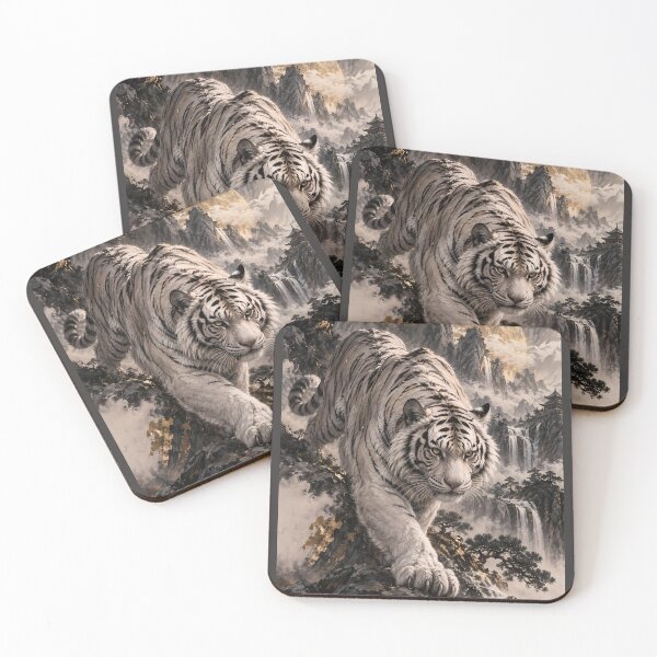 Item preview, White Tiger with Full Moon and Snowy Mountains designed and sold by ManJiangHong.