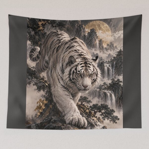 Item preview, White Tiger with Full Moon and Snowy Mountains designed and sold by ManJiangHong.