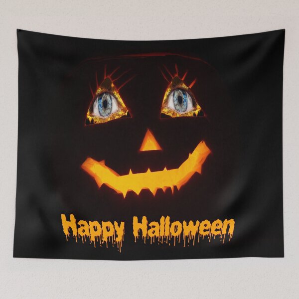 Item preview, Scary carved Jack O Lantern pumpkin face for Halloween with fiery blue eyes. designed and sold by Karen McFarland.