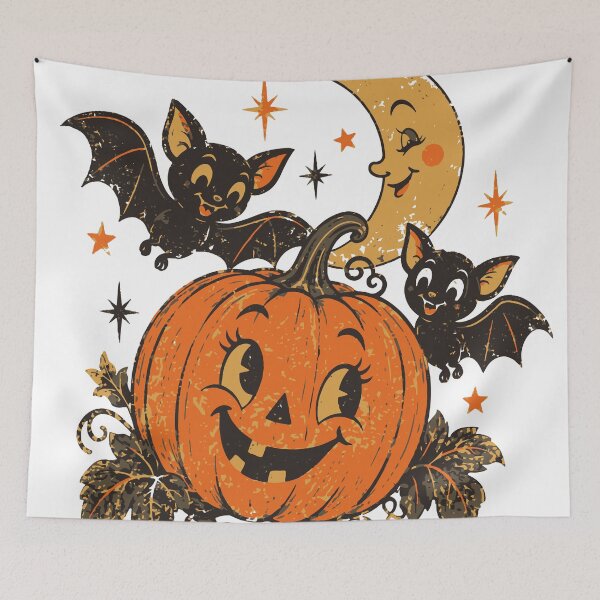 Item preview, Cute Retro Halloween Pumpkin Bats Crescent Moon designed and sold by CreativeBrains7.