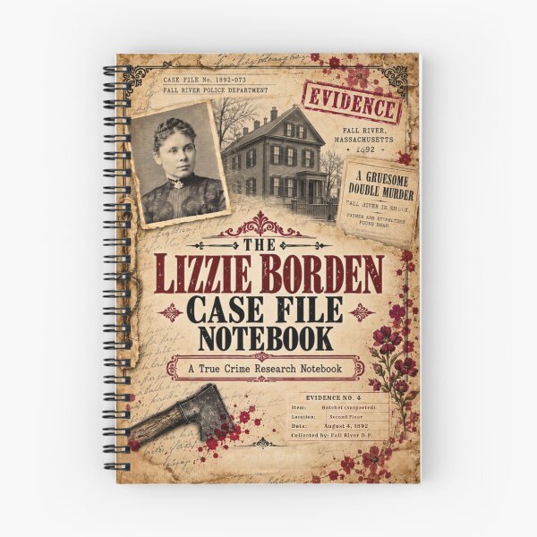 Artikelvorschau, Lizzie Borden Fallakte Notizbuch – Vintage True Crime Design entworfen und verkauft von Sandy's Cheeky Studio.