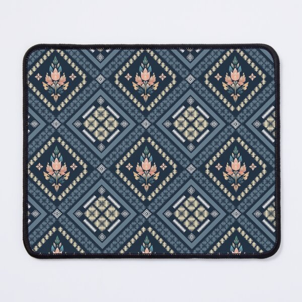 Item preview, Thai Ikat Floral Diamond Seamless Pattern Navy Blue Luxury Thai Gradient Lotus Botanical Fabric Design designed and sold by KOPatternCo.