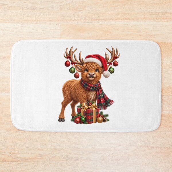 Item preview, Cute Scottish Highland Stag with Christmas Present and Santa Hat designed and sold by MaedK.
