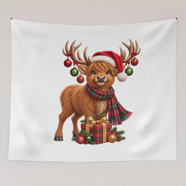 Item preview, Cute Scottish Highland Stag with Christmas Present and Santa Hat designed and sold by MaedK.