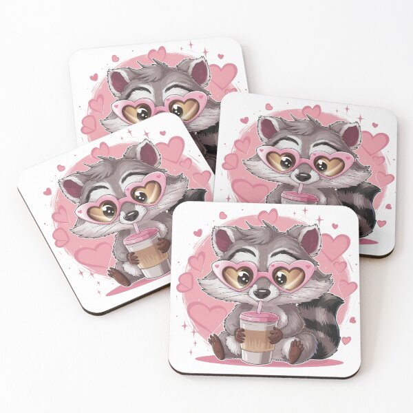 Item preview, Cute Raccoon With Heart Sunglasses Drinking Iced Coffee - Pink Kawaii designed and sold by the wellness script.