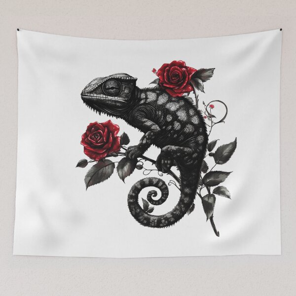 Item preview, Chameleon with Red Roses – Dark Botanical Art designed and sold by Audra-studio.