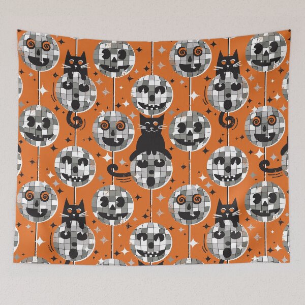 Item preview, Groovy halloween disco cat - black kitty orange background grey retro ball designed and sold by SelmaCardoso.
