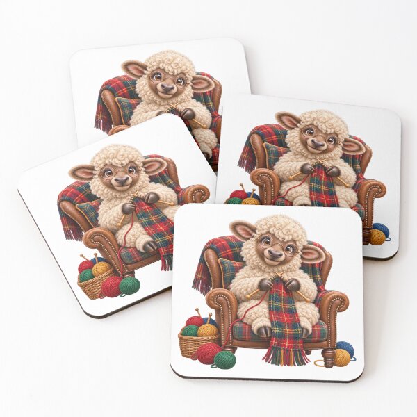Item preview, Cute Scottish Highland Sheep Knitting a Colourful Tartan Scarf designed and sold by MaedK.