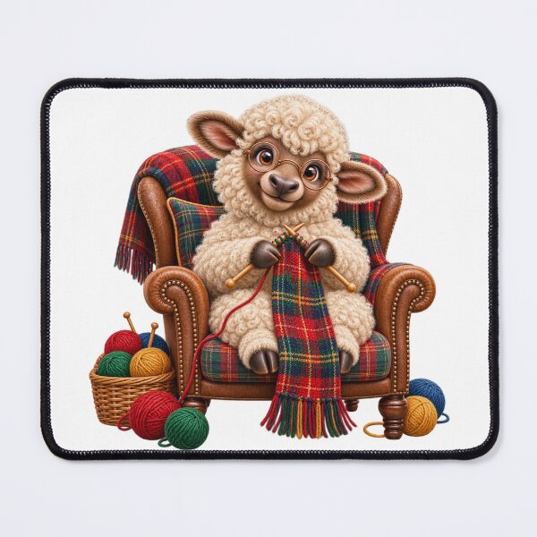 Item preview, Cute Scottish Highland Sheep Knitting a Colourful Tartan Scarf designed and sold by MaedK.