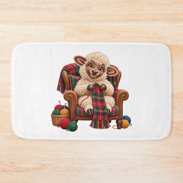 Item preview, Cute Scottish Highland Sheep Knitting a Colourful Tartan Scarf designed and sold by MaedK.