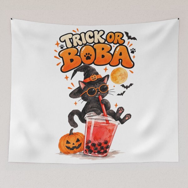 Item preview, Trick or Boba Black Cat Halloween Watercolor designed and sold by HOUSE OF TIST.