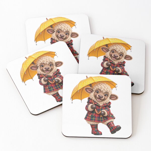 Item preview, Cute Scottish Highland Sheep in Tartan Raincoat with Yellow Umbrella designed and sold by MaedK.
