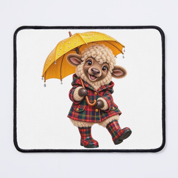 Item preview, Cute Scottish Highland Sheep in Tartan Raincoat with Yellow Umbrella designed and sold by MaedK.